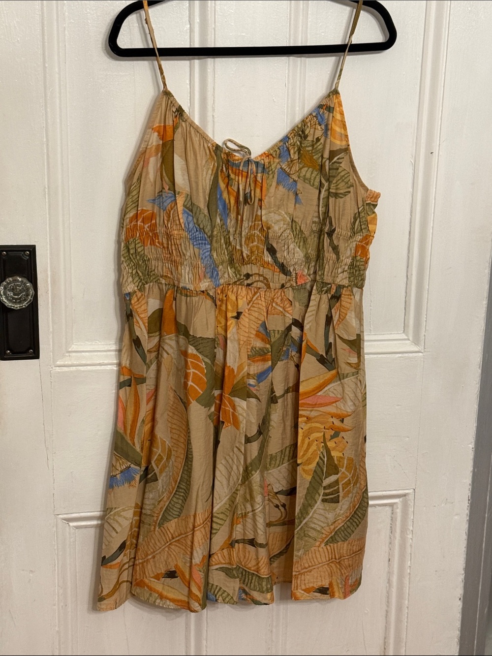 H&M Tan Tropical Leaf Spaghetti Strap Mini Dress